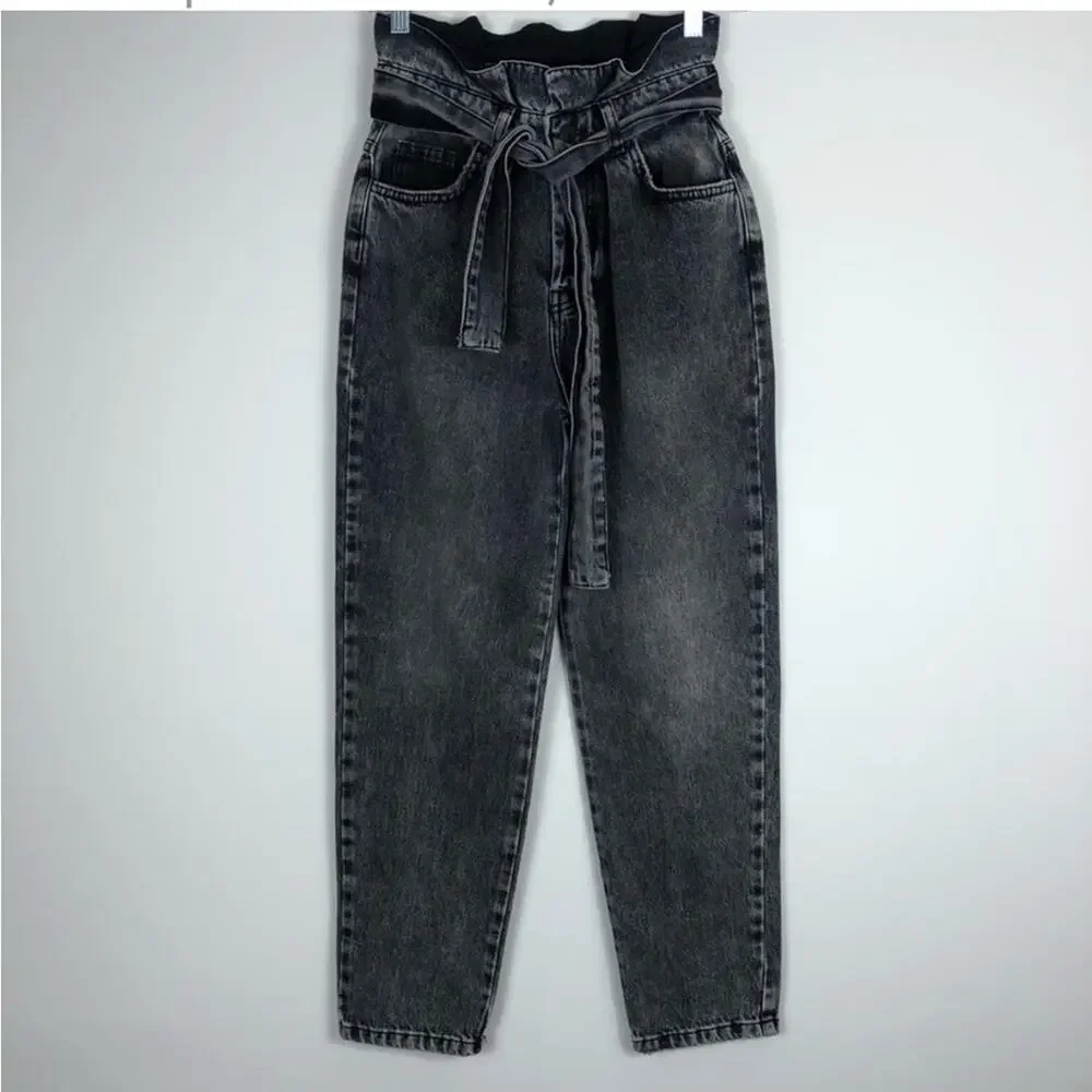 Free people we the free black paper bag waist jeans